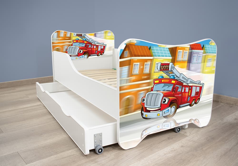 Dečiji krevet sa dušekom, podnicom i fiokom 168x80 cm Happy Kitty Firetruck