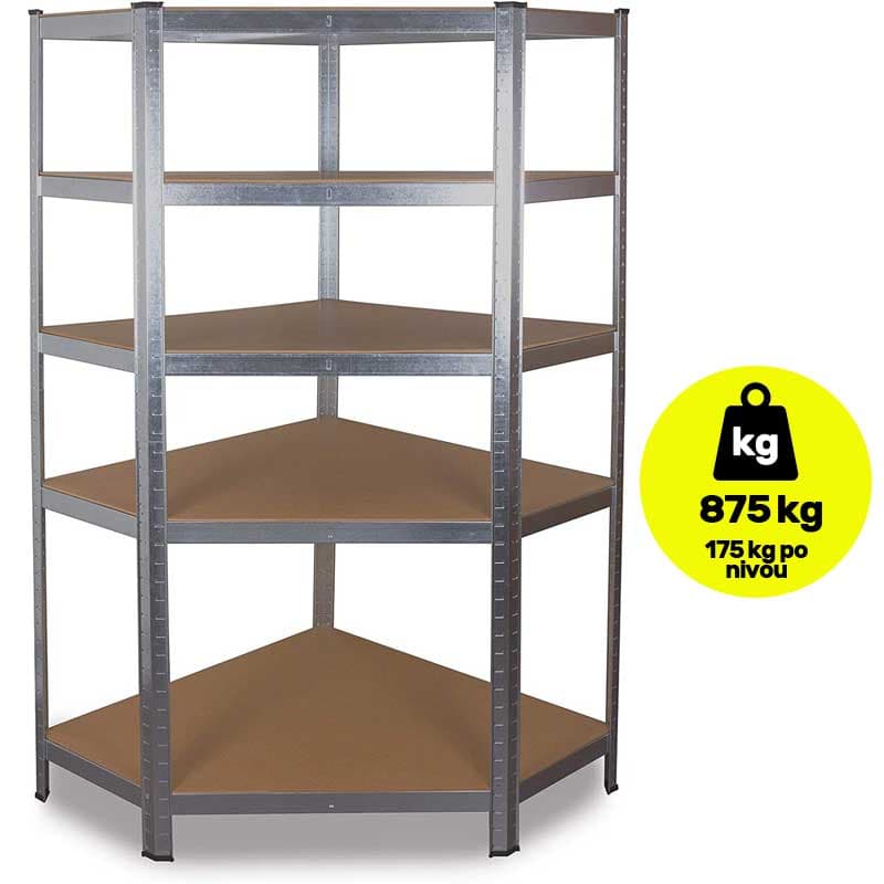 Ugaona metalna stalaža sa pet polica za odlaganje Nosivost 5x175kg 180x90x90x40cm