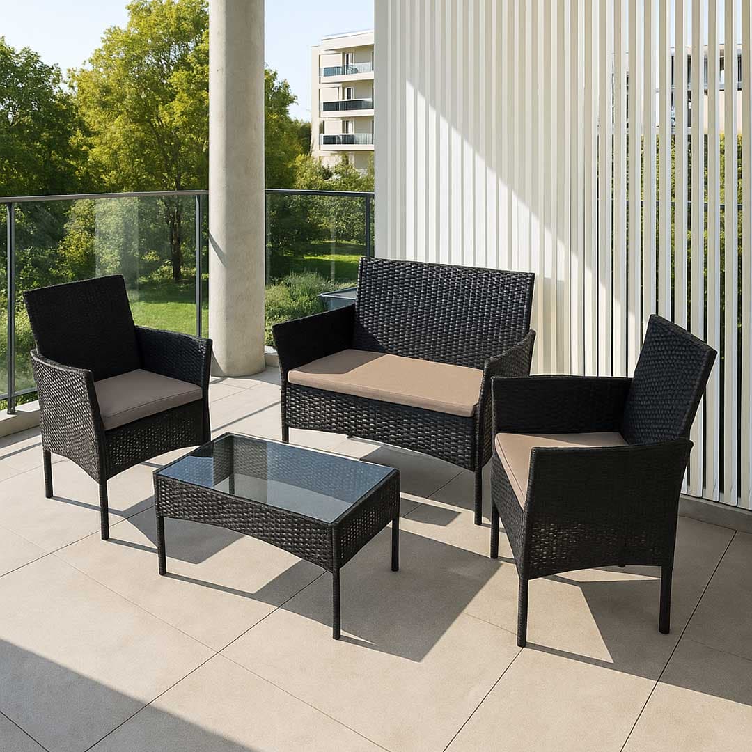 Garnitura Od Ratana Noli - 2 Baštenske Fotelje, Dvosed, Jastuci i Sto Sa Staklom