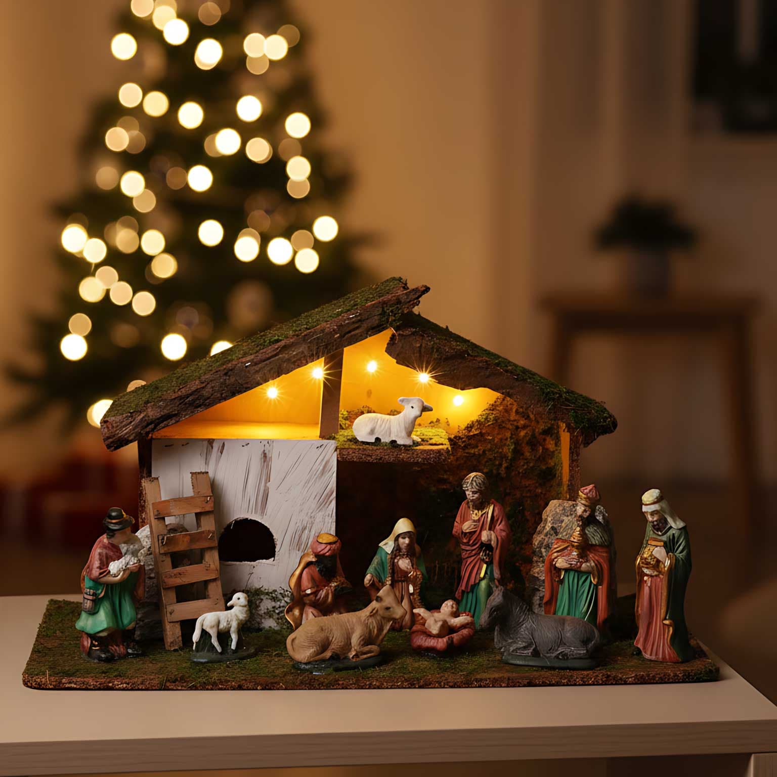 Drvene Jaslice - Hristovo Rođenje Božićna Scena sa LED Sijalicama
