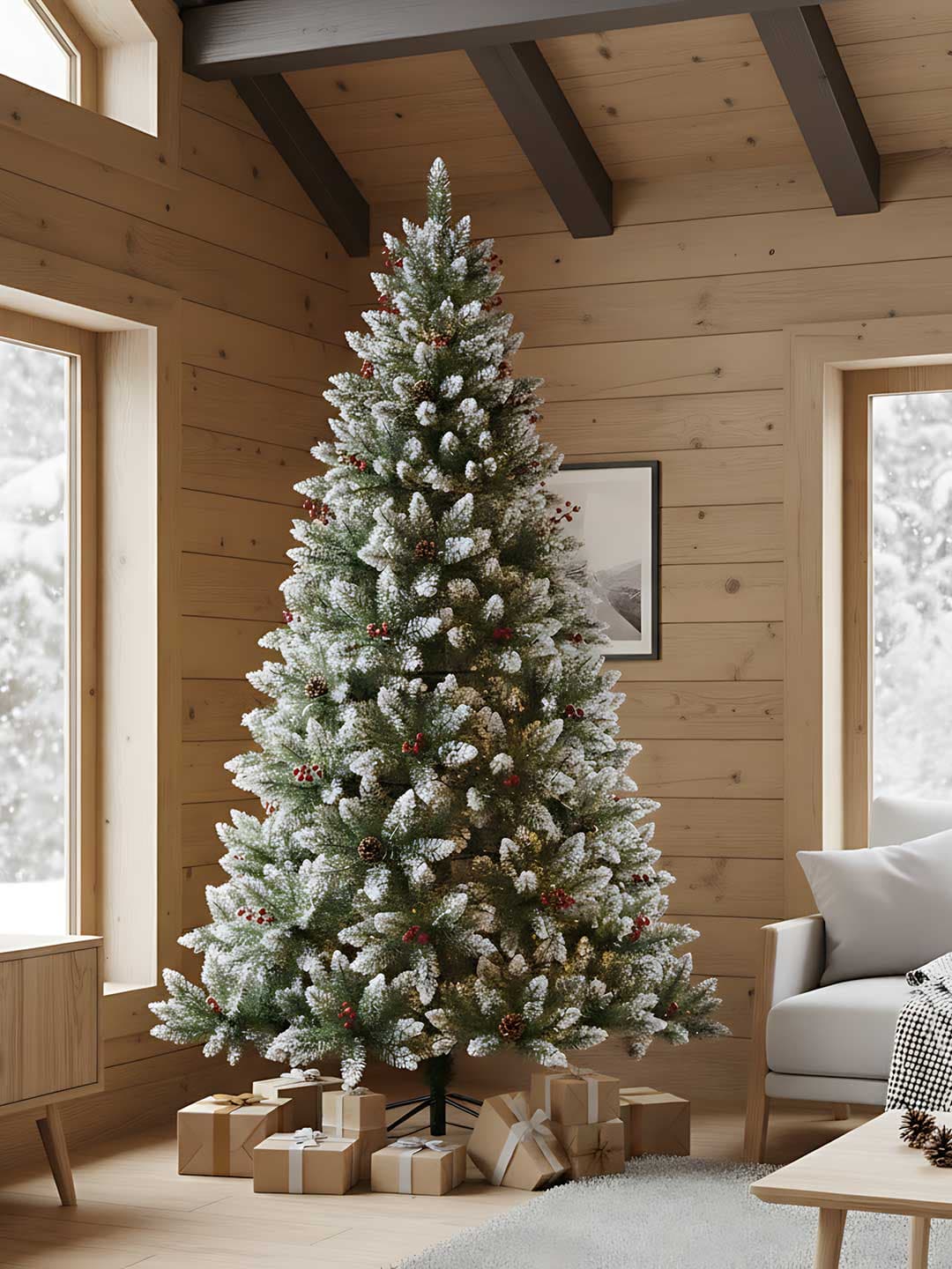 Jelka visine 240 cm sa Šišarkama, Bobicama i Snegom