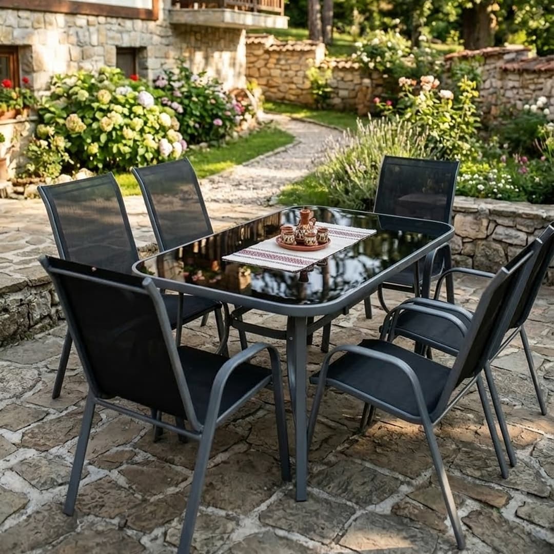 Baštenski Trpezarijski Set Temara 6 Stolica i Sto sa Staklenom Pločom