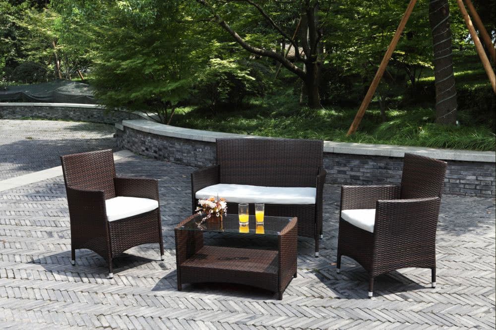 Wicker Ratan Garnitura Quito - 2 Fotelje, Dvosed i Sto Sa Staklom - Bež Jastuci