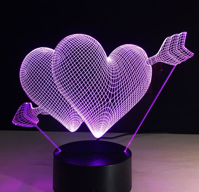 Black Cut 3D LED Lampa Purple Hearts