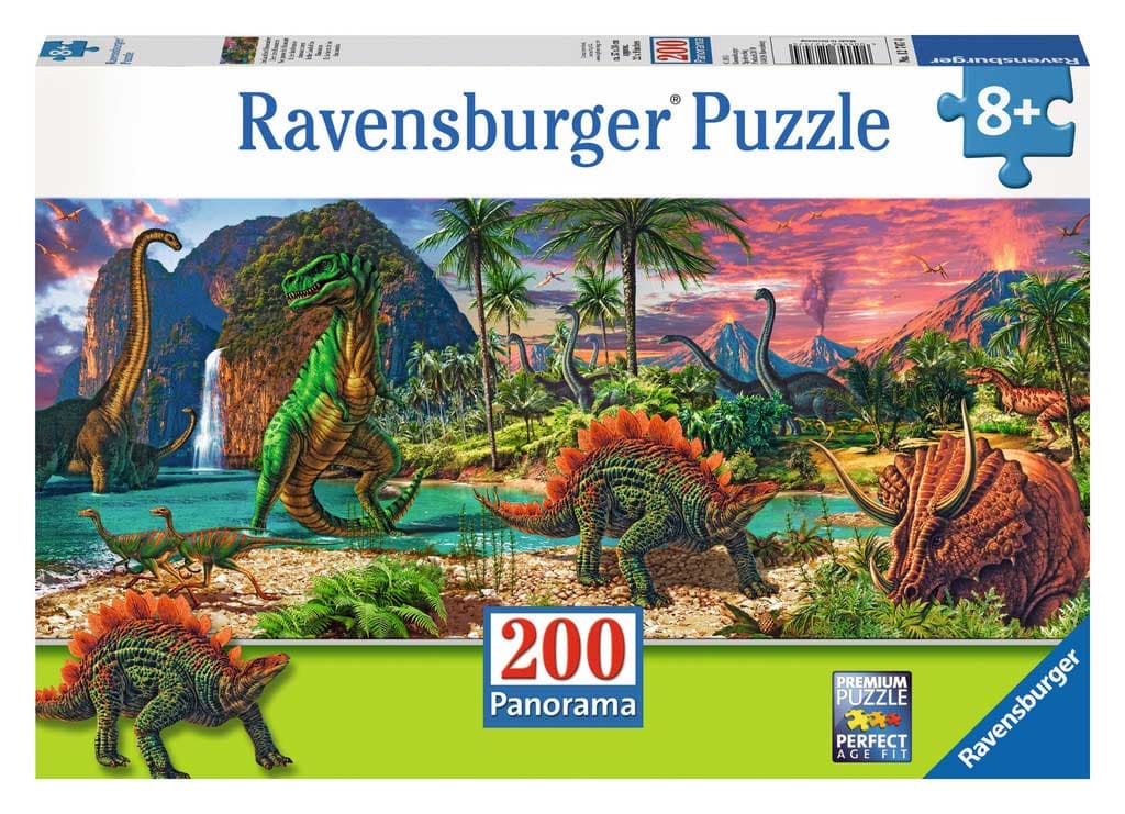 Ravensburger puzzle Životinje - In the Land of the Dinosaurs 200 delova PANORAMA prikaz RA12747