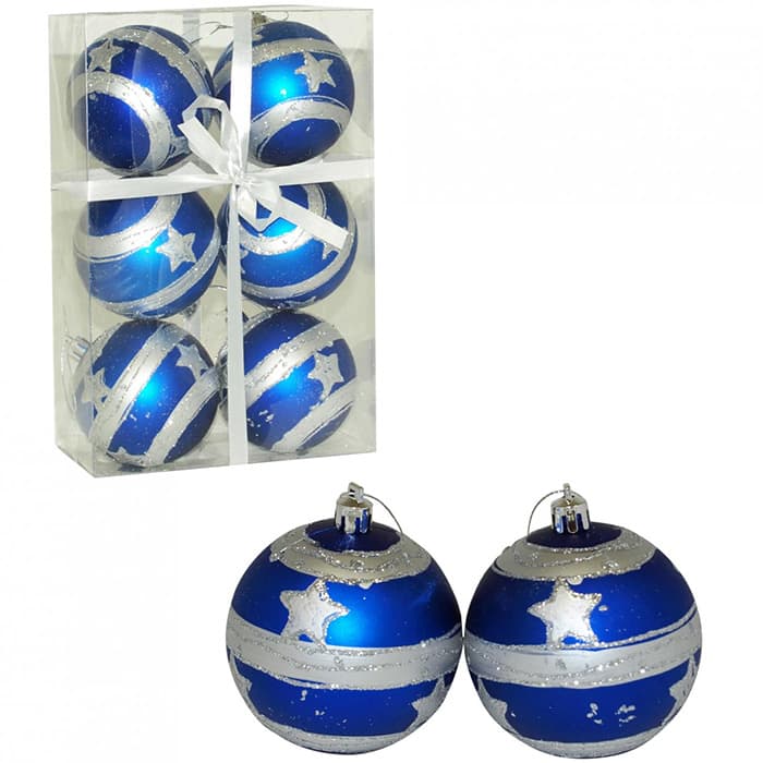 Ukrasi za jelku - kugle 8 cm 6 komada plave sa dekoracijom