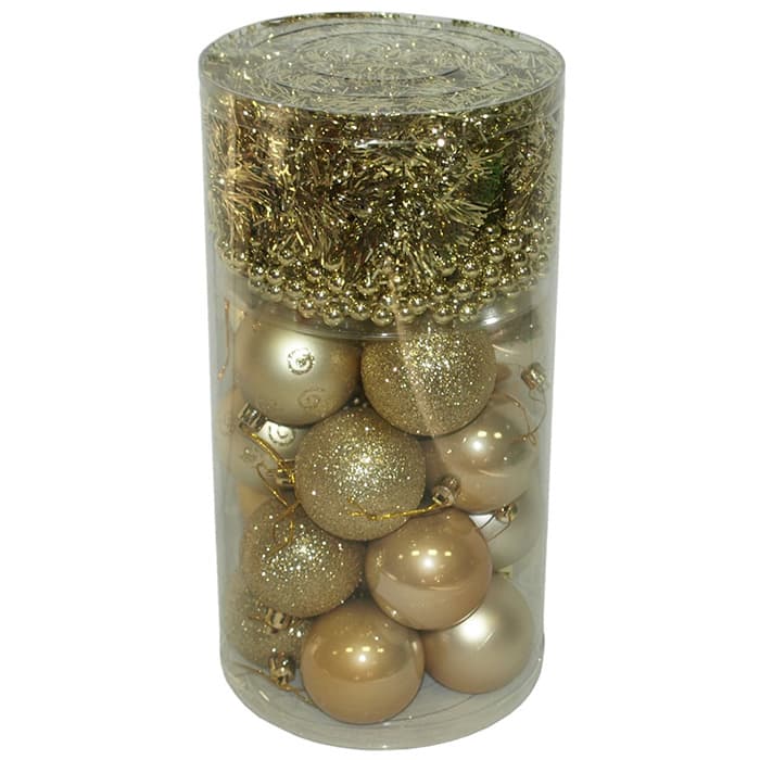 Komplet ukrasa za jelku u zlatnoj boji: kuglice, girlanda, perlice