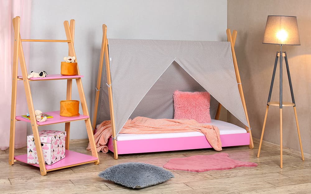 Krevet sa nastrešnicom, dušekom i letvicama 160x80 Tipi, roze 7717