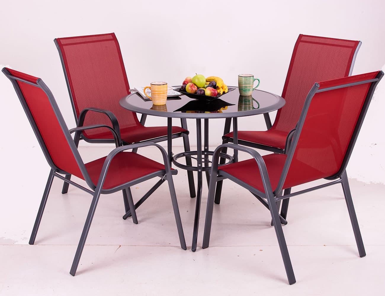 Kafe Garnitura Mabel Red - 4 Stolice i Sto Sa Staklom